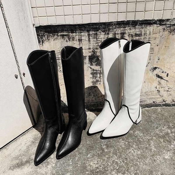 

european brand pointed toe genuine leather long boots med heels side zip women keep warm fashion knee high boots 33, Black