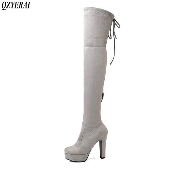 

qzyerai 2020 autumn winter new girl to knee boots round head comfortable heel boots fashionable women's shoes size 34-43, Black