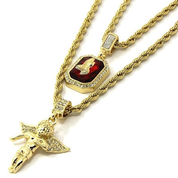 

men necklace rhinestone women hip wing pendants golden jesus angel gift chain hop set hands with praying necklaces men jewelry bling wupsua