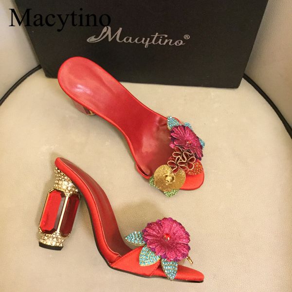 

luxury gemstone block heel mules beading flower embellished open toe high heel slippers formal dress shoes women, Black