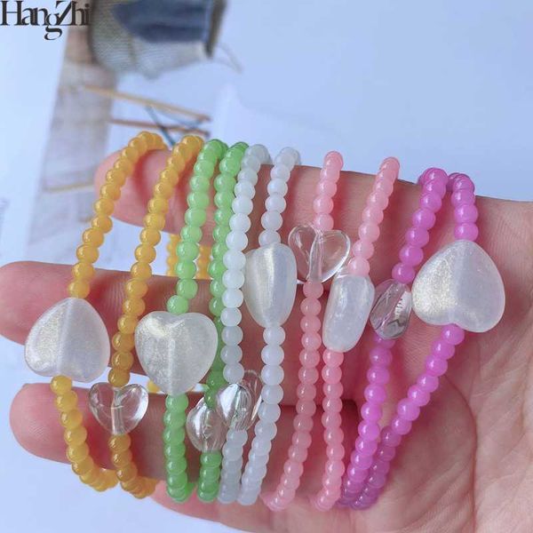 

hangzhi 2020 new 2pcs/set korean sweet charming heart shape colorful transparent beaded strand bracelet for women girls jewelry, Golden;silver