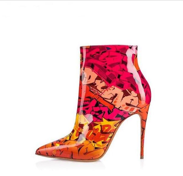 

New 2019 early spring pointed toe female stiletto heel boots patent leather zipper high heel short boots fashion boots