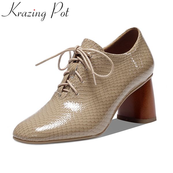 

krazing pot fashion genuine leather high heels round toe lace up autumn british school elegant luxury printing women pumps l9f2, Black