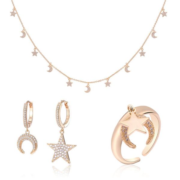 

новый starmoon ожерелья кубический циркон открытые кольца для женщин асимметричный падение серьги для девушки мода женский комплект ювелирны, Silver