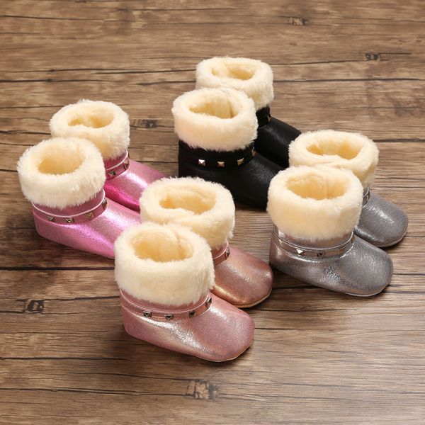 

winter keep warm baby girls soft booties plush infant anti slip snow boots shoes pu leather flat toddler non-slip baby shoes, Black;grey