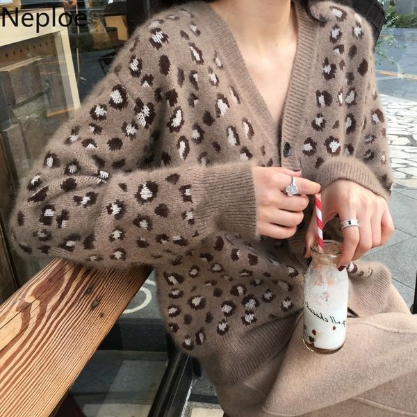 

neploe v neck long sleeve knitted cardigans sweater single breasted leopard pull femme coat autumn spring loose casaco 47782, White