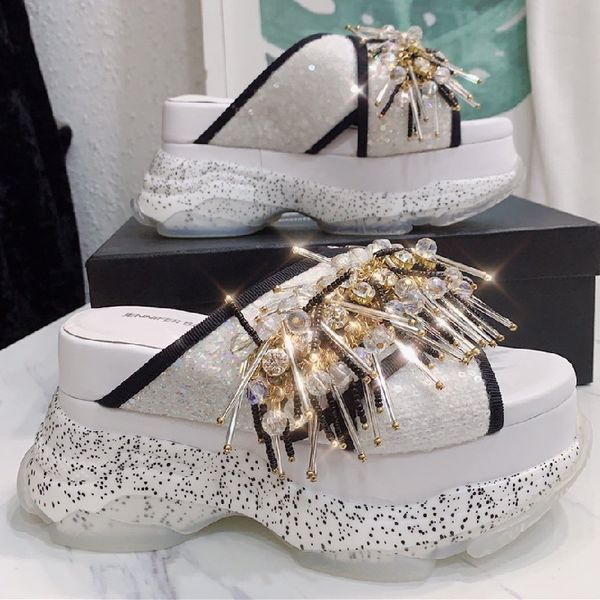 

sequins hand made fashion rhinestones comfortable sandals crystal genuine leather woman shoes thick bottom gold scarpe donna estive, Black
