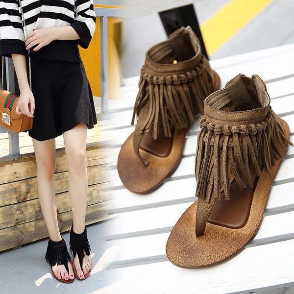 

2020 new european and american fashion retro toe flat suede sandals tassel pinch roman shoes, Black