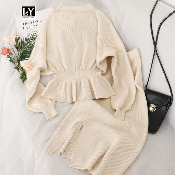 

ly varey lin women knitted suits autumn winter batwing sleeve 2 pieces set office lady elegant jumper + pencil skirt suit set, Gray