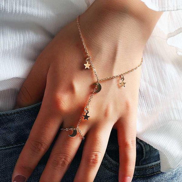 

simple cute star moon pendant chain bracelet trendy exquisite connected finger bracelets hand accessories for women gifts, Black