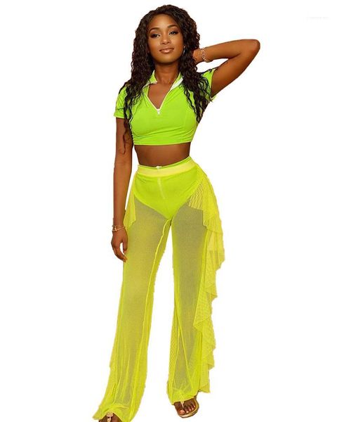 

suits short sleeve crop sheer mesh ruffle pants womens designer tracksuits candy color 2pcs, Gray