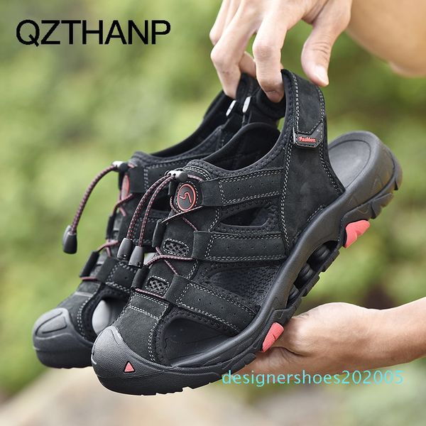 

brand summer genuine leather sandals men casual shoes sneakers outdoor beach shoes male rubber sole footwear sandale flats #184260 d05, Black