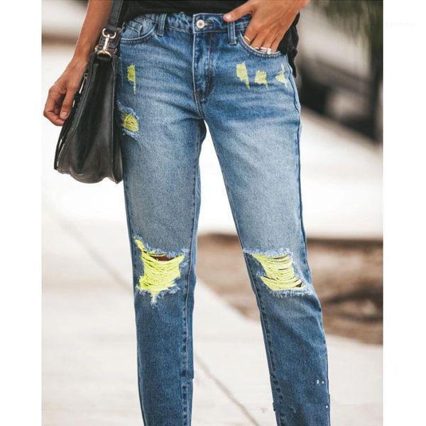 

distrressed streetwear show figure spring summer sell women pants casual loose trousers jeans womens hole, Blue