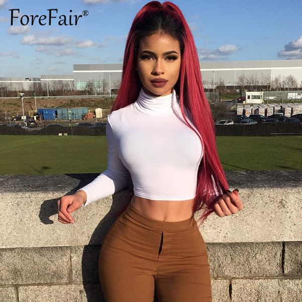 

women's t-shirt forefair 2021 autumn winter long sleeve turtleneck short t shirt women skinny elastic solid crop top, White