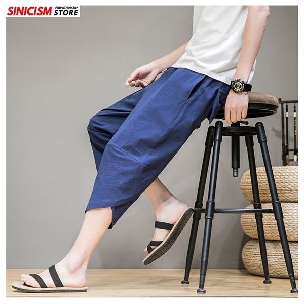 

sinicism store men summer chinese style harem pants mens oversize joggers calf-length pants 2020 male loose pants linen bottoms, Black