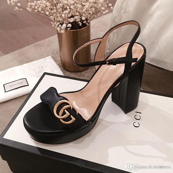 

luxury training sandals for womens fashion metal button real leather sandals high heels sandals women's single shoes of high quality, Black