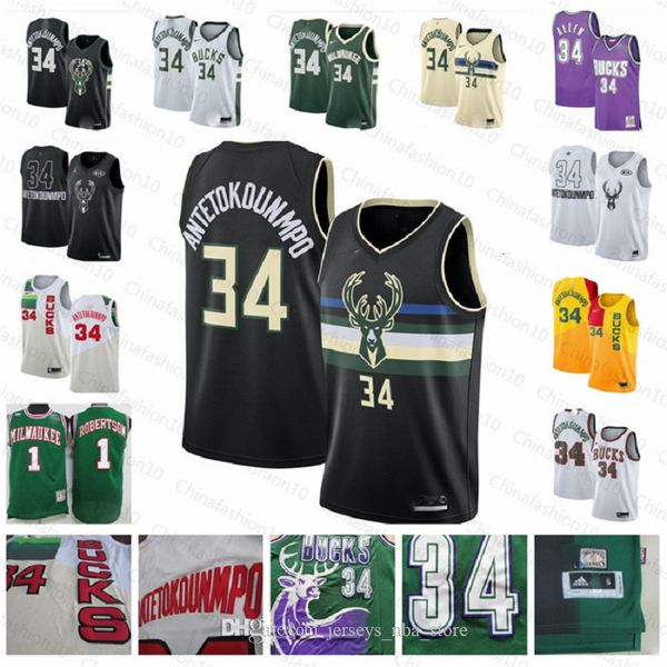 

green vintage men giannis 34 antetokounmpo jersey ray 34 allen milwaukee nba bucks oscar 1 robertson stitched basketball jerseys, Black;red