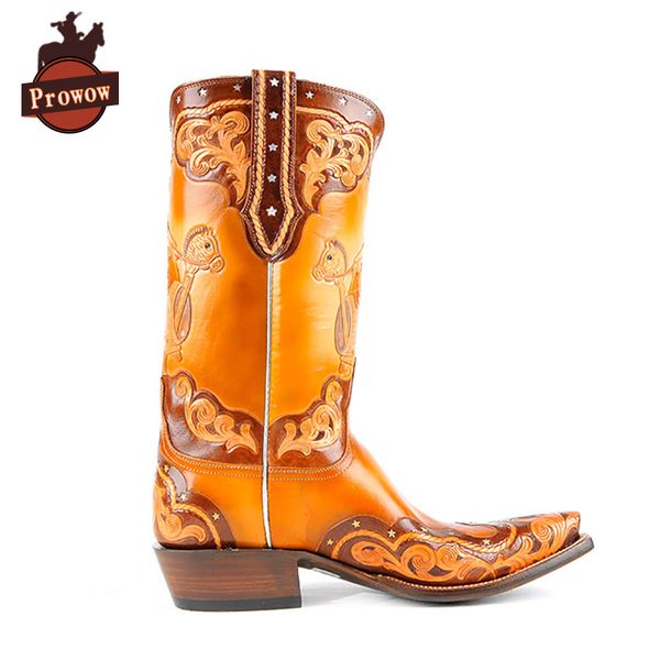 

prowow women western cowboy high heels boots genuine leather handmade totem fretwork pointed toe corral mid-calf ladies boots, Black