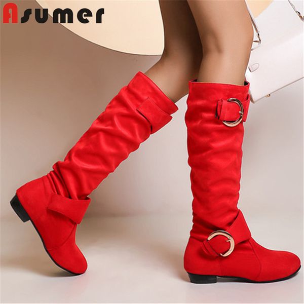 

asumer 2020 knee high boots women flock metal decoration buckle round toe autumn winter low heel casual shoes woman, Black