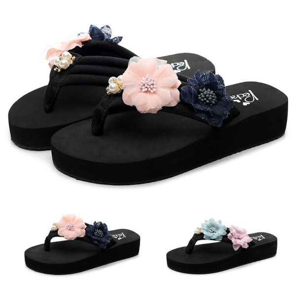 

2020 women's bohemian flower pearl slippers summer sandals ladies soft bottom beach shoes non-slip home casual slipper, Black