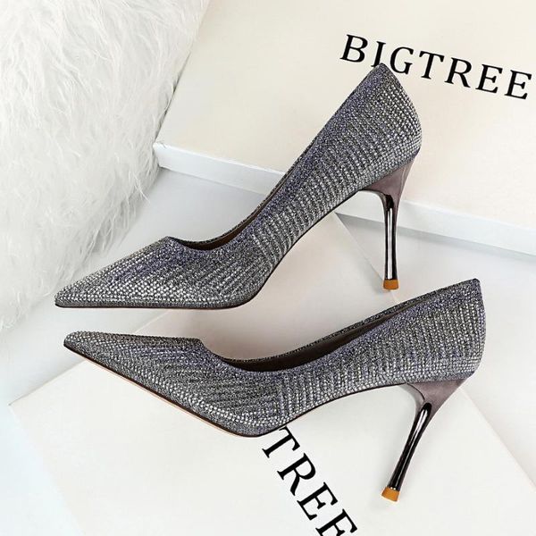 

high heels women 2020 new stiletto pointed toe rhinestone sequins net red wedding shoes temperament goddess fan, Black