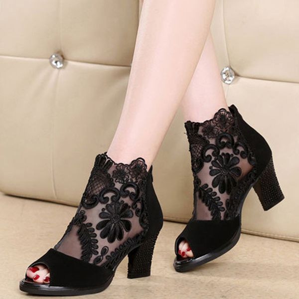 

2020 fashion summer beach women sandals shoes women high heels hollow mesh fish mouth sandals size 35 - 43 mujer sandalias, Black