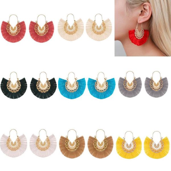 

bohemia ethnic style fan shape tassel pendant earrings dangle hollow alloy fringe eardrop charm ear hook women earring jewelry gifts, Silver