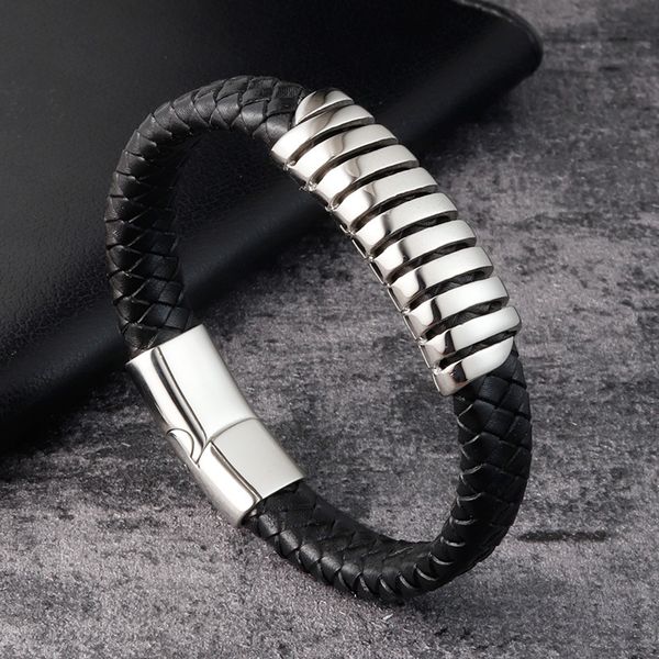 

fashion men bracelet stainless steel magnetic clasps black braided leather bracelets cool male jewelry accessories party gifts, Golden;silver
