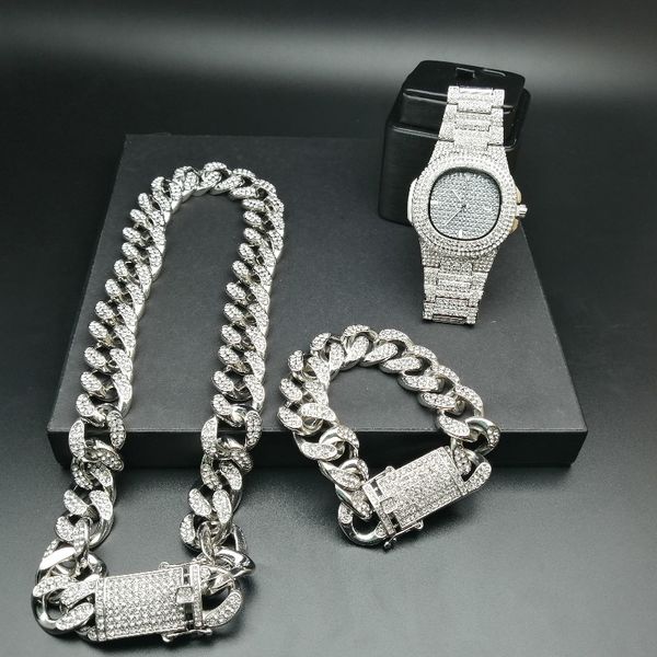 

2020 new 2cm hip hop gold color iced out crystal miami cuban chain gold silver men watch & necklace & bracelet set hip hop king