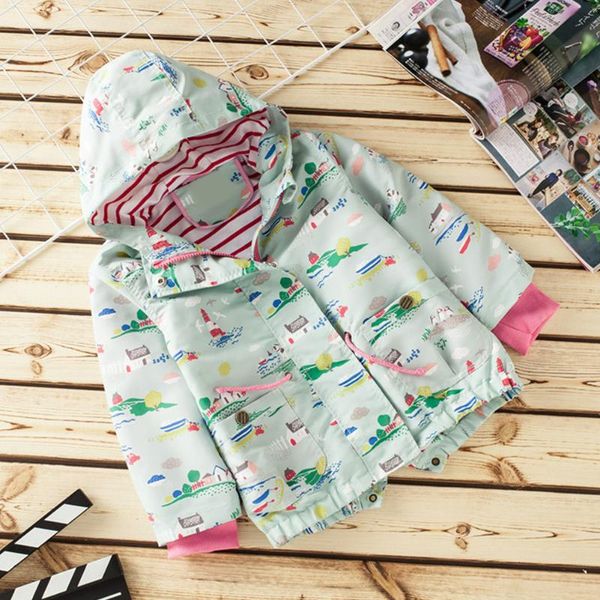 

new spring autumn kids girls colorful print hooded windbreaker zipper coat warm jacket, Blue;gray
