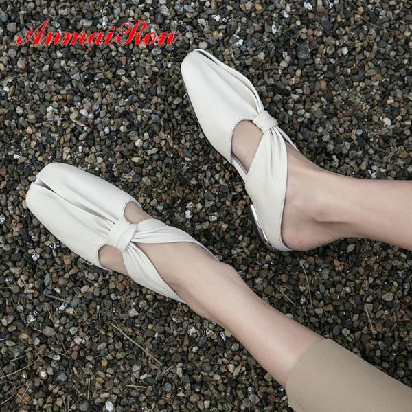 

anmairon genuine leather women shoes spring/autumn solid outside sweet white round toe sewing low heels women slippers 34-40, Black