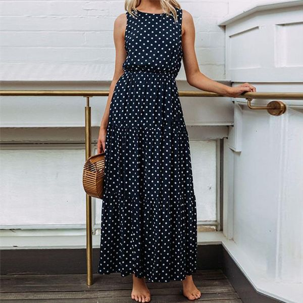 

summer dress beach dress women ladies dot printing round neck sleeveless evening party long dress vestidos robe j08 designer clothes, Black;gray