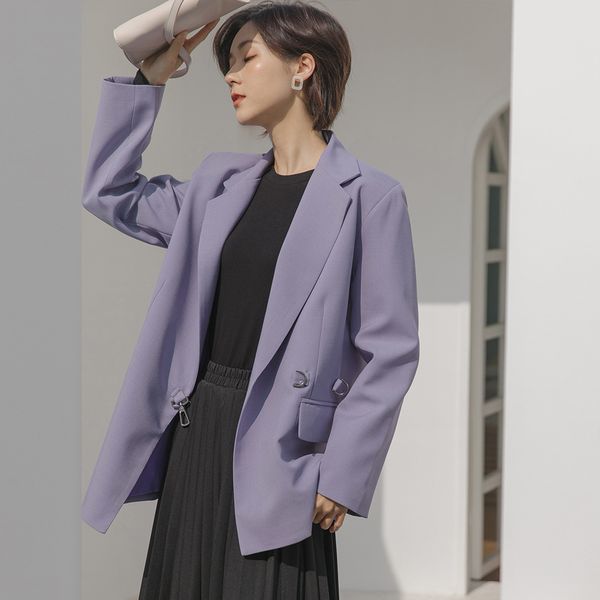 

designer2020 korean version of the autumn new simple hong kong flavor solid color long-sleeved metal buckle mid-length suit jacket female w0, White;black