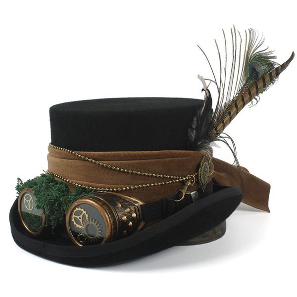 

4 size wool women men black hat magician steampunk fedora hat with gear glasses cosplay steam punk halloween party caps, Blue;gray