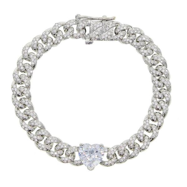

2020 new heart charm cubic zirconia cz miami cuban link chain women bracelet silver gold color iced out rock fashion jewelry, Golden;silver