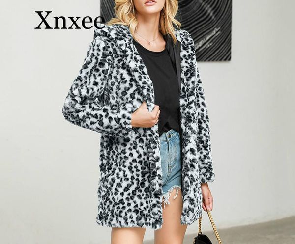 

2020 winter fashion women faux fur coat long leopard jacket windbreaker female hooded long sleeve large size loose outwear, Black