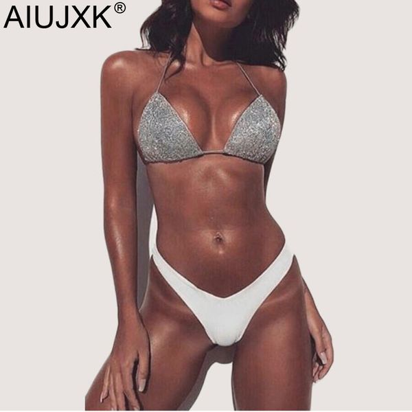 

aiujxk 2020 summer 2 piece swimsuit women shining halter bandage beach lingerie ladies bikini bra and panty set underwear, Red;black