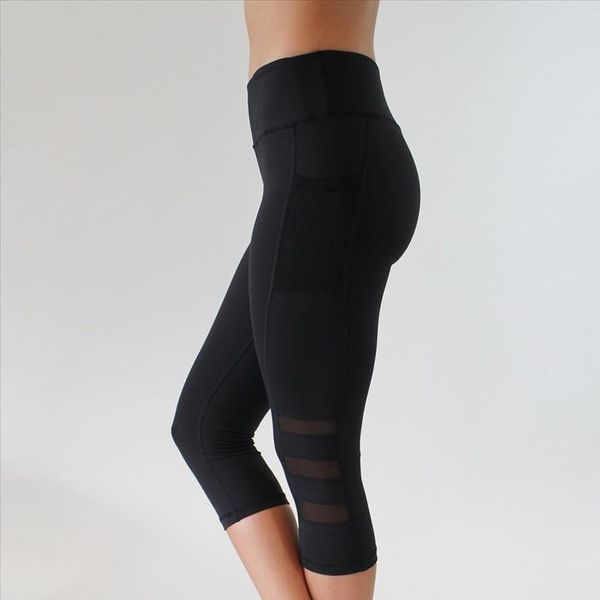 

women leggings capri pants leggings sport fitness workout high waist mesh 3 4 leggings h9, Black