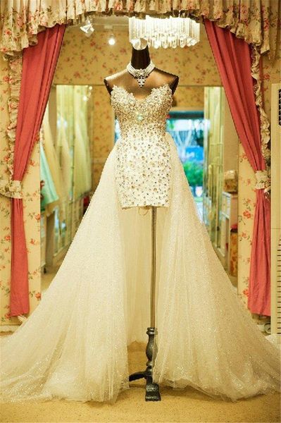 

Sweetheart Strapless Wedding Dresses Court Train Vintage Carolina Plus Size Brides Custom made Hi-Low Beaded Crystal Bridal Dress