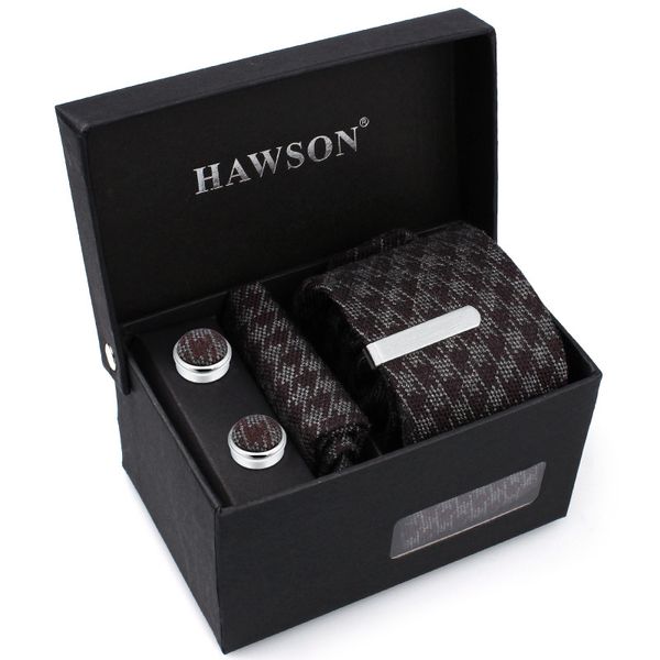 

hawson patchwork mens ties set with pocket square necktie bar clips button cover cuff links in tie box, Black;gray