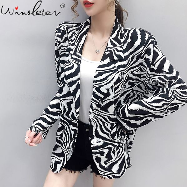 

2020 autumn chiffon women's coat lapel turn-down collar 2 pockets jackets zebra print coats fashion female outerwear c07801b, Black;brown