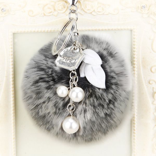 

2020 мода fluffy rabbit fur ball pompom брелок pearl key chain меховыми помпонами брелок меха pompom брелок, Silver