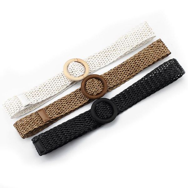 

new vintage straw wide hollow out braided wooden smooth sriped waist belts round buckle belt female belt for women summer dress, Black;brown
