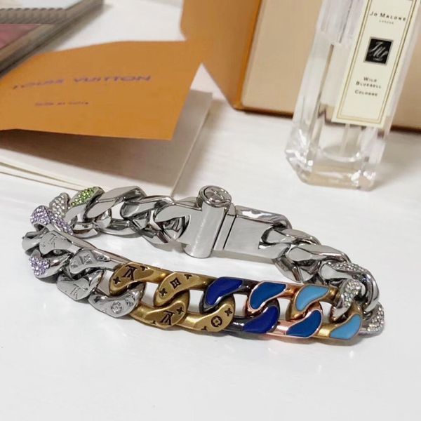 

new arrive fashion men titanium steel engrave four leaf flower colored enamel diamond 18k plated gold thick chain links bracelets 2 color, Black