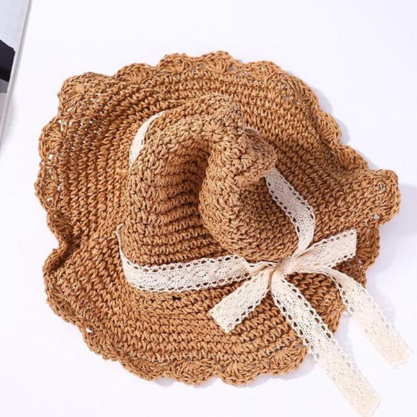 

summer new women's sun hat bucket cap crochet knit straw foldable lace ribbon hat sunscreen beach cap sunhat straw outdoor, Blue;gray