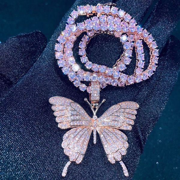 

all pink cz stone paved bling iced out butterfly pendants necklace for women men hip hop rapper jewelry with 18inch tennis chain, Silver