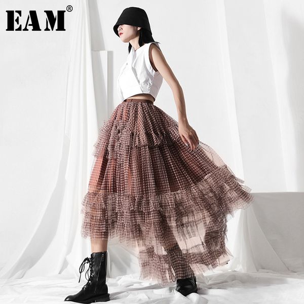 

[eam] high elastic waist khaki plaid mesh ruffles stitch long half-body skirt women fashion tide new spring autumn 2020 1y409, Black