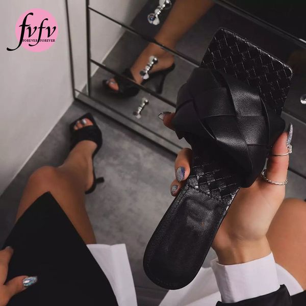 

fvfv] новый бренд дизайн обуви женщина slipers 2020 лето площади toe высокие каблуки сандалии женщин плетение хорошее качество платье обувь, Black