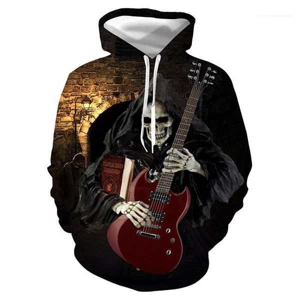 

male plus size homme cool apparel street style mens print hoodies skeleton guitarist pattern hooded, Black