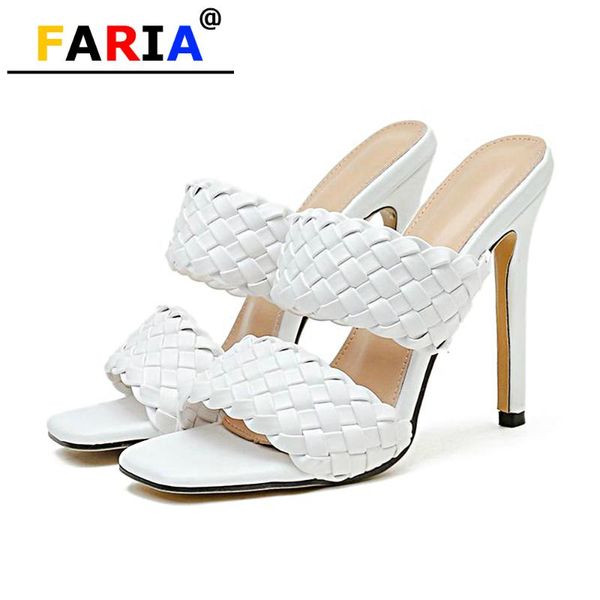 

2020 new fashion super high 12cm heel knit outside slides women thin heels white summer shoes slippers black sandals party